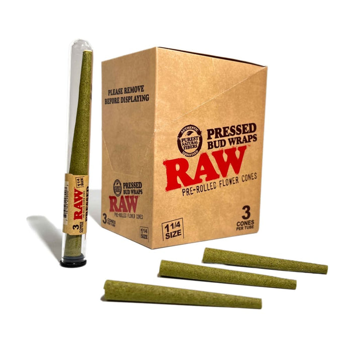 Raw Pressed Bud Wrap Pre-Rolled Flower Cones 1 1/4 Size (3 Cones Per Tube/12 per Display)